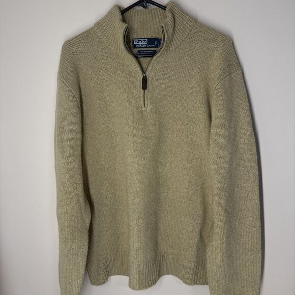 Polo Ralph Lauren 1/4 Zip Sweater XL Tan Light Brown Merino Wool Angora Vintage - Picture 1 of 12